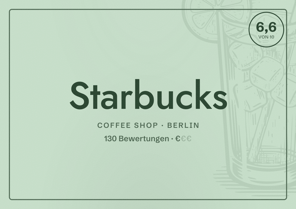 Illustriertes Poster von Starbucks, Coffee Shop in Berlin: Bewertung 6,6 von 10 aus 130 Bewertungen, Preisniveau €