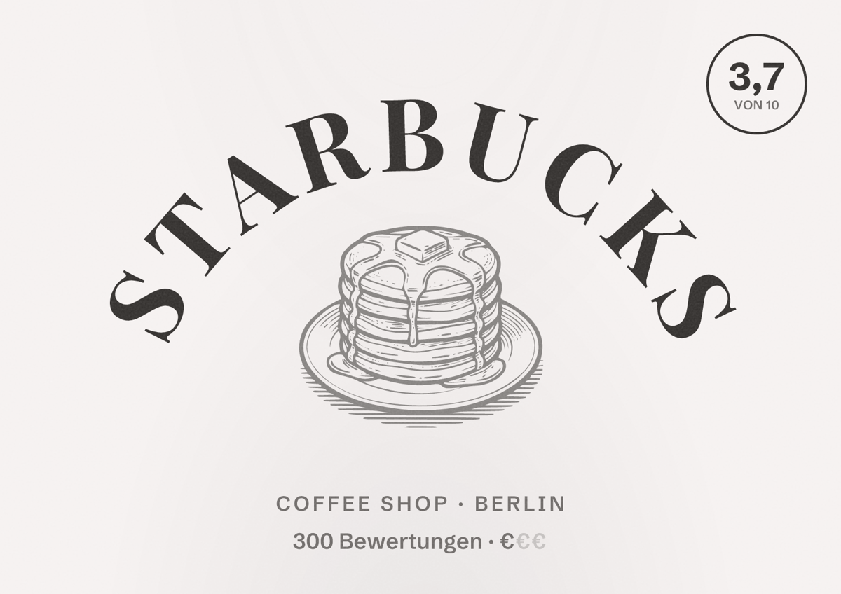 Illustriertes Poster von Starbucks, Coffee Shop in Berlin: Bewertung 3,7 von 10 aus 300 Bewertungen, Preisniveau €