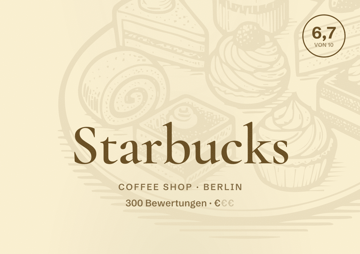 Illustriertes Poster von Starbucks, Coffee Shop in Berlin: Bewertung 6,7 von 10 aus 300 Bewertungen, Preisniveau €