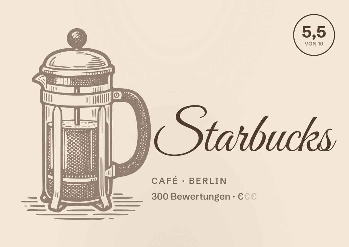 Illustriertes Poster von Starbucks, Café in Berlin: Bewertung 5,5 von 10 aus 300 Bewertungen, Preisniveau €