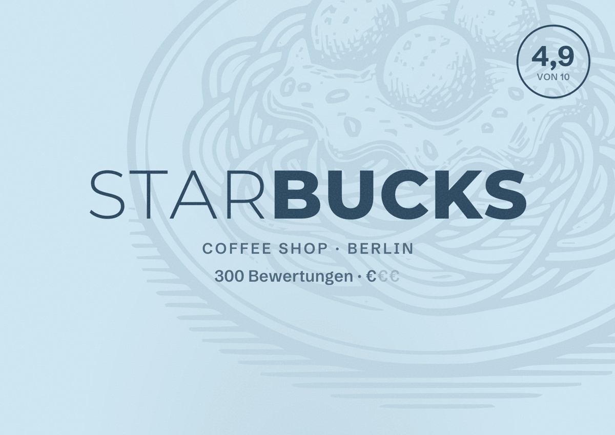 Illustriertes Poster von Starbucks, Coffee Shop in Berlin: Bewertung 4,9 von 10 aus 300 Bewertungen, Preisniveau €