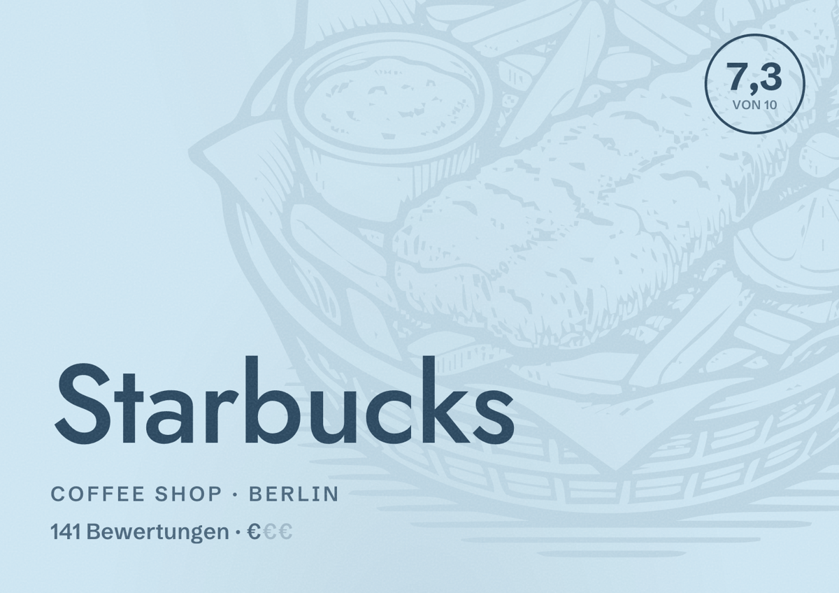 Illustriertes Poster von Starbucks, Coffee Shop in Berlin: Bewertung 7,3 von 10 aus 141 Bewertungen, Preisniveau €