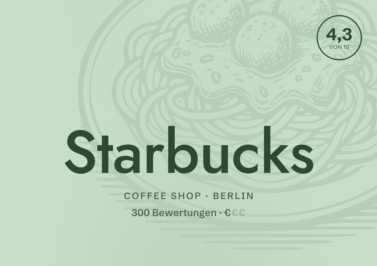 Illustriertes Poster von Starbucks, Coffee Shop in Berlin: Bewertung 4,3 von 10 aus 300 Bewertungen, Preisniveau €
