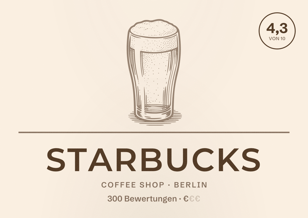 Illustriertes Poster von Starbucks, Coffee Shop in Berlin: Bewertung 4,3 von 10 aus 300 Bewertungen, Preisniveau €