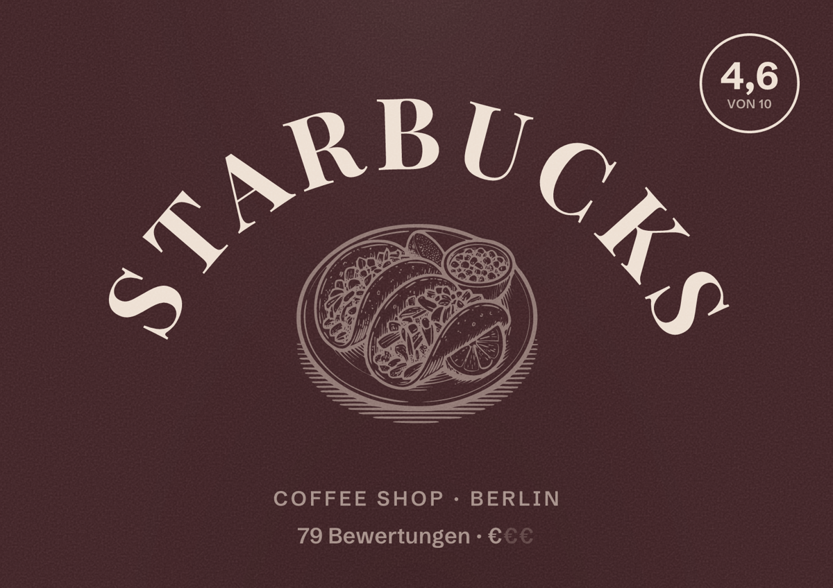 Illustriertes Poster von Starbucks, Coffee Shop in Berlin: Bewertung 4,6 von 10 aus 79 Bewertungen, Preisniveau €