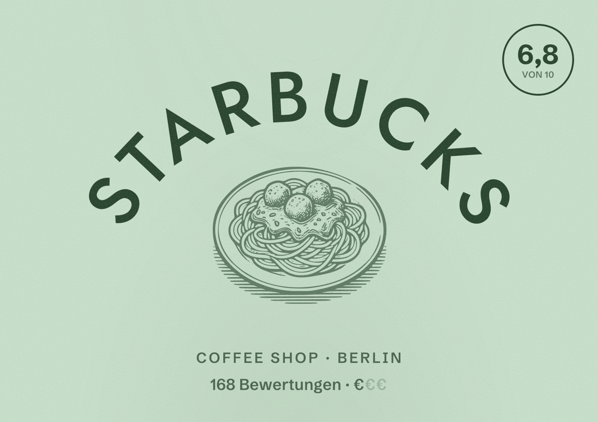 Illustriertes Poster von Starbucks, Coffee Shop in Berlin: Bewertung 6,8 von 10 aus 168 Bewertungen, Preisniveau €