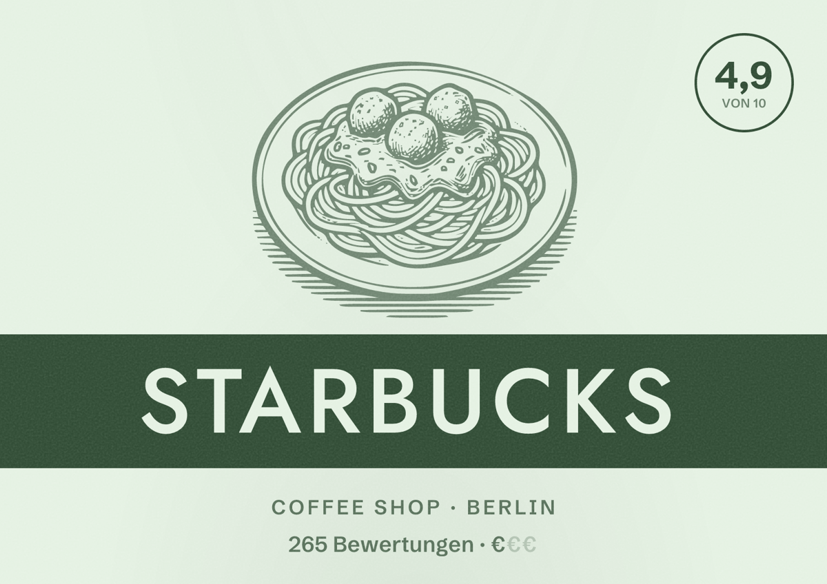 Illustriertes Poster von Starbucks, Coffee Shop in Berlin: Bewertung 4,9 von 10 aus 265 Bewertungen, Preisniveau €
