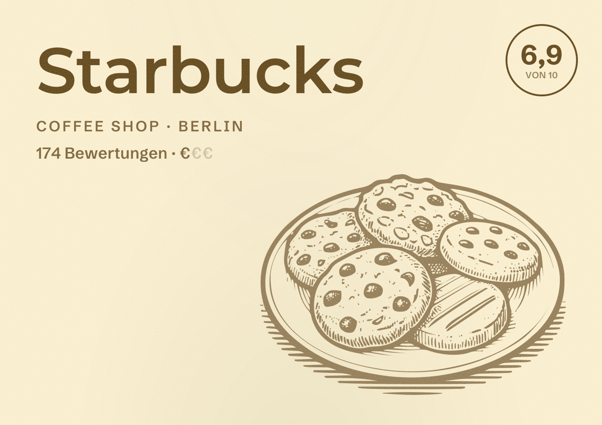 Illustriertes Poster von Starbucks, Coffee Shop in Berlin: Bewertung 6,9 von 10 aus 174 Bewertungen, Preisniveau €