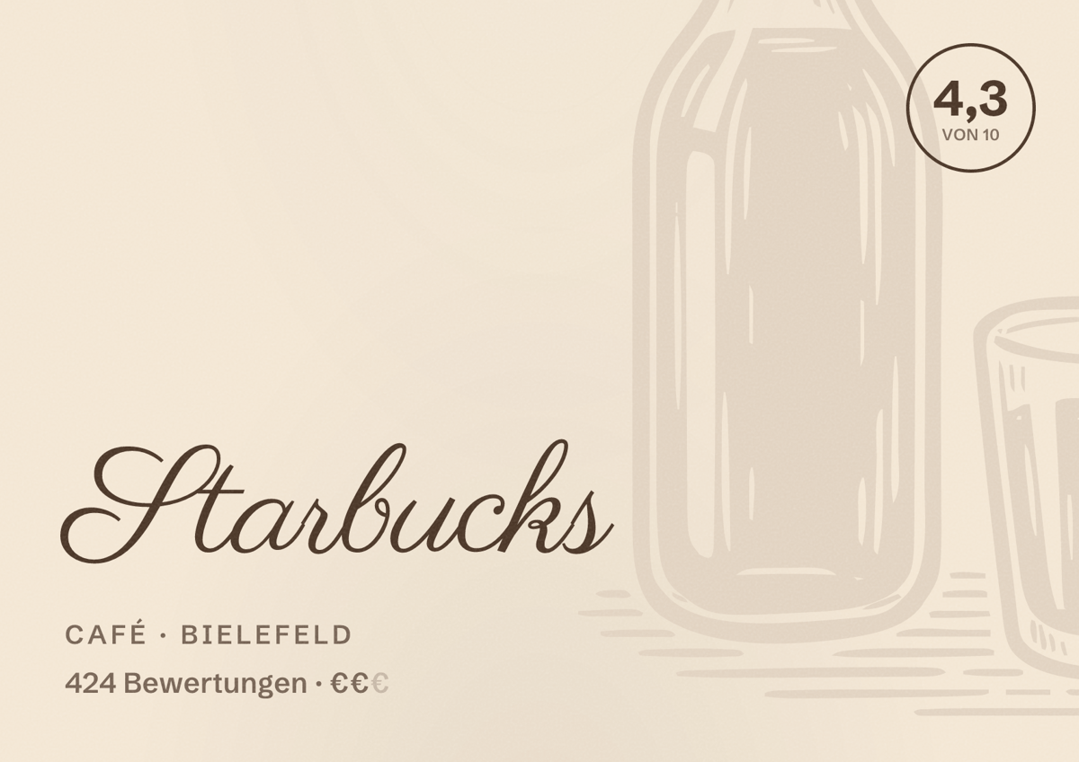 Illustriertes Poster von Starbucks, Café in Bielefeld: Bewertung 4,3 von 10 aus 424 Bewertungen, Preisniveau €€