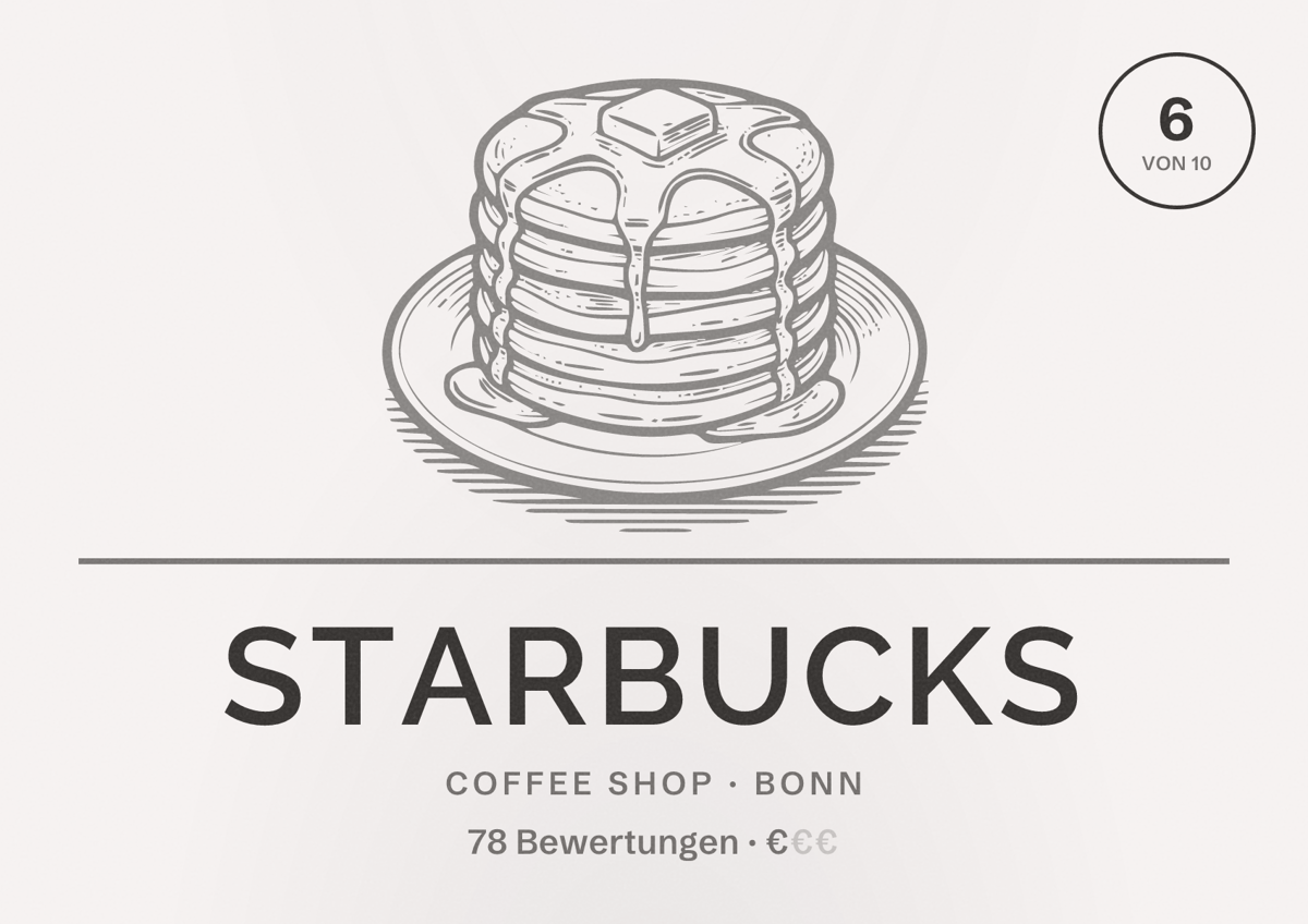 Illustriertes Poster von Starbucks, Coffee Shop in Bonn: Bewertung 6 von 10 aus 78 Bewertungen, Preisniveau €