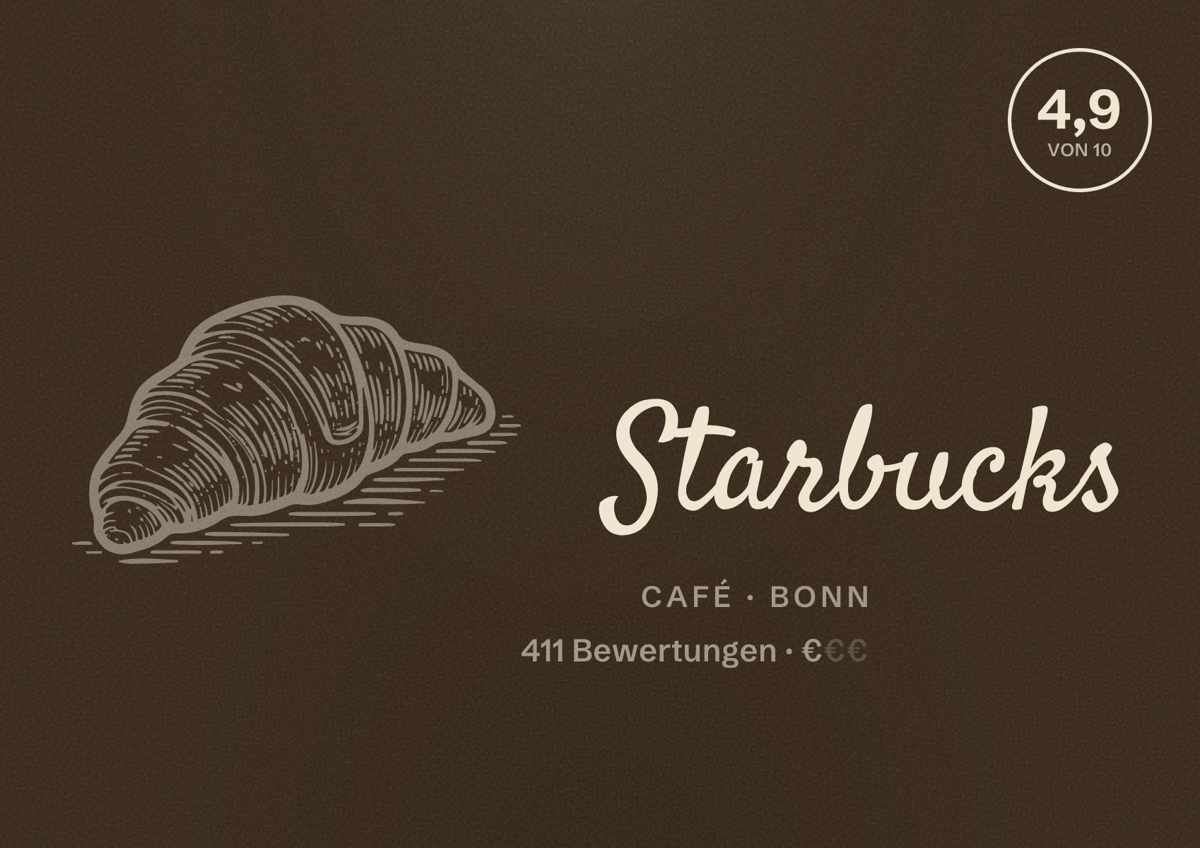Illustriertes Poster von Starbucks, Café in Bonn: Bewertung 4,9 von 10 aus 411 Bewertungen, Preisniveau €