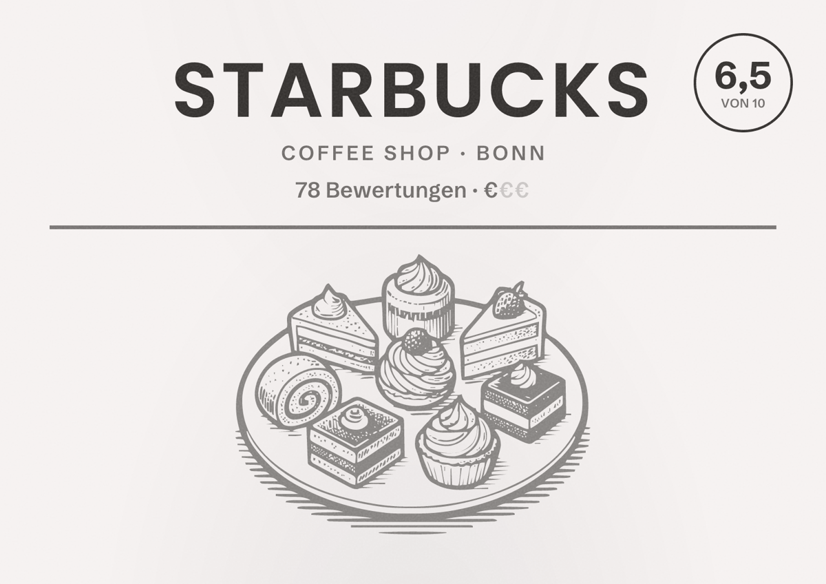 Illustriertes Poster von Starbucks, Coffee Shop in Bonn: Bewertung 6,5 von 10 aus 78 Bewertungen, Preisniveau €