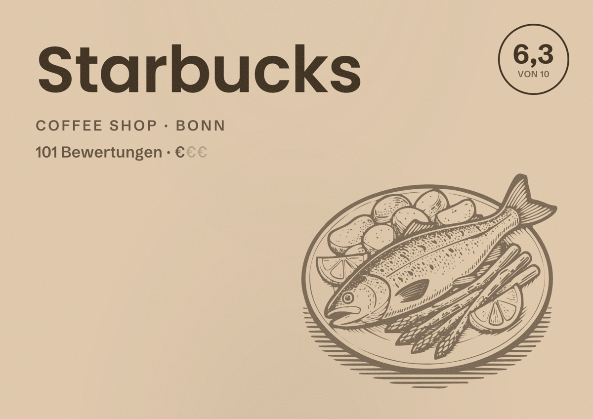 Illustriertes Poster von Starbucks, Coffee Shop in Bonn: Bewertung 6,3 von 10 aus 101 Bewertungen, Preisniveau €