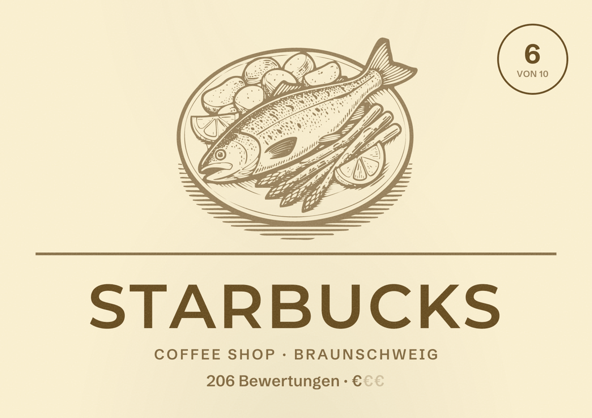 Illustriertes Poster von Starbucks, Coffee Shop in Braunschweig: Bewertung 6 von 10 aus 206 Bewertungen, Preisniveau €