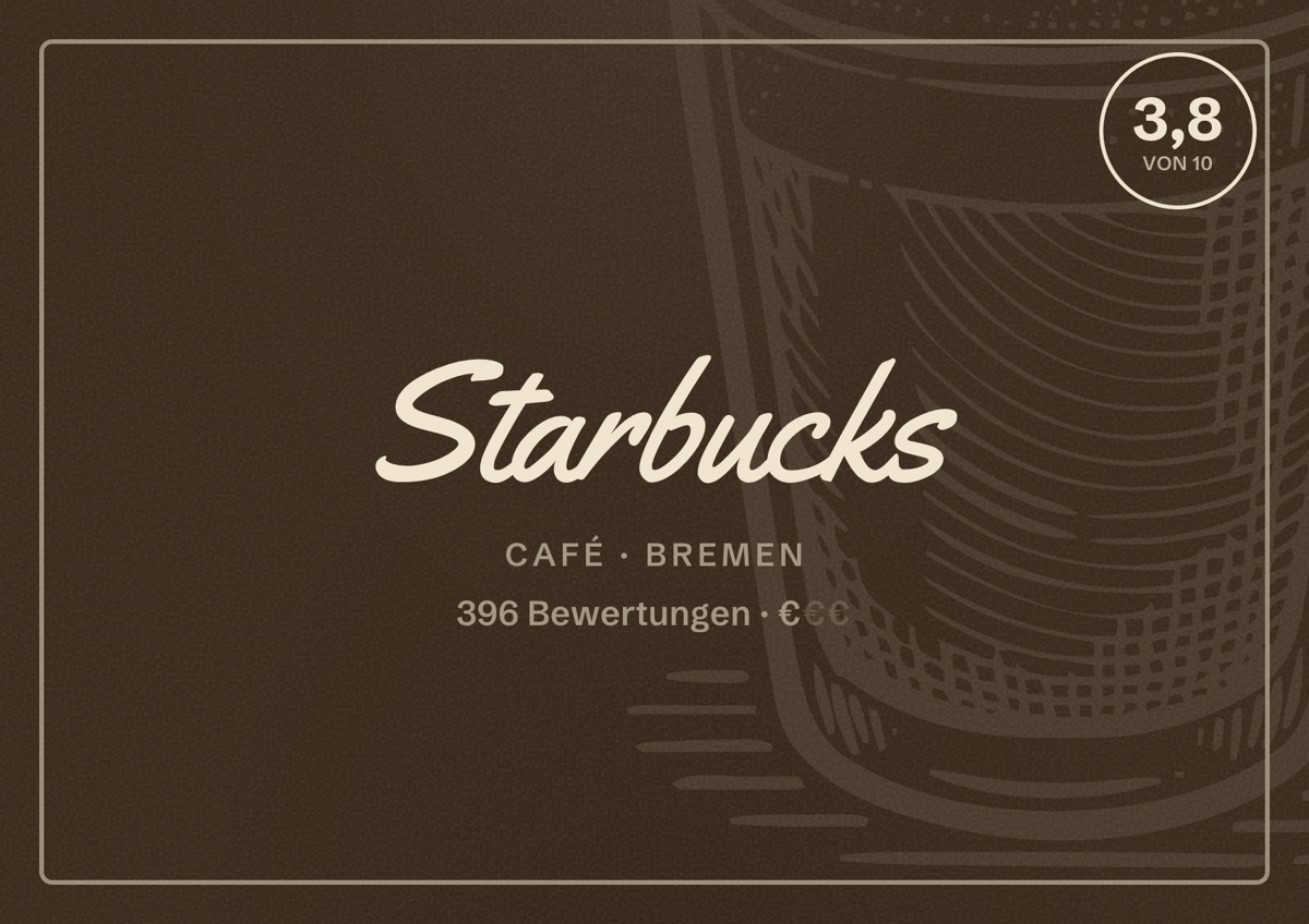Illustriertes Poster von Starbucks, Café in Bremen: Bewertung 3,8 von 10 aus 396 Bewertungen, Preisniveau €