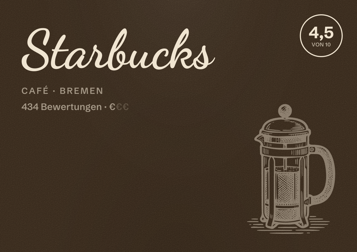 Illustriertes Poster von Starbucks, Café in Bremen: Bewertung 4,5 von 10 aus 434 Bewertungen, Preisniveau €