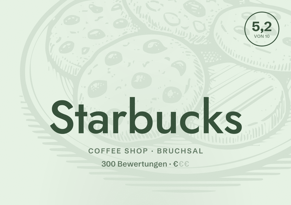 Illustriertes Poster von Starbucks, Coffee Shop in Bruchsal: Bewertung 5,2 von 10 aus 300 Bewertungen, Preisniveau €