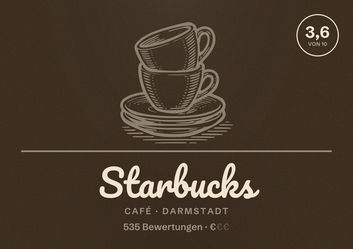 Illustriertes Poster von Starbucks, Café in Darmstadt: Bewertung 3,6 von 10 aus 535 Bewertungen, Preisniveau €