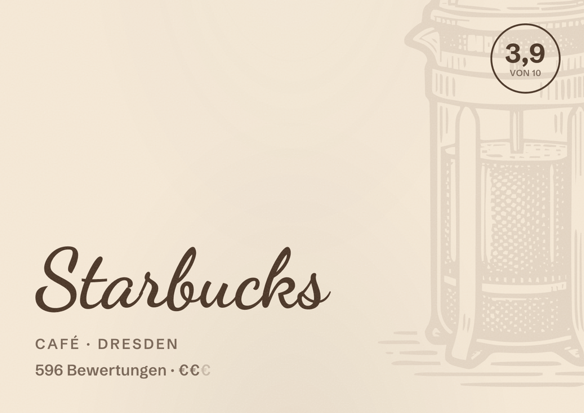 Illustriertes Poster von Starbucks, Café in Dresden: Bewertung 3,9 von 10 aus 596 Bewertungen, Preisniveau €€