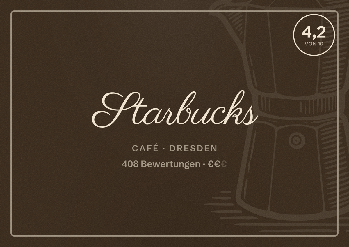Illustriertes Poster von Starbucks, Café in Dresden: Gästebewertung 4,2 von 10 aus 408 Bewertungen