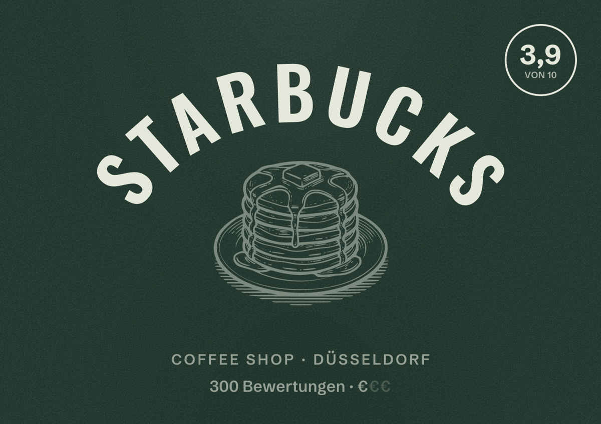 Illustriertes Poster von Starbucks, Coffee Shop in Düsseldorf: Bewertung 3,9 von 10 aus 300 Bewertungen, Preisniveau €