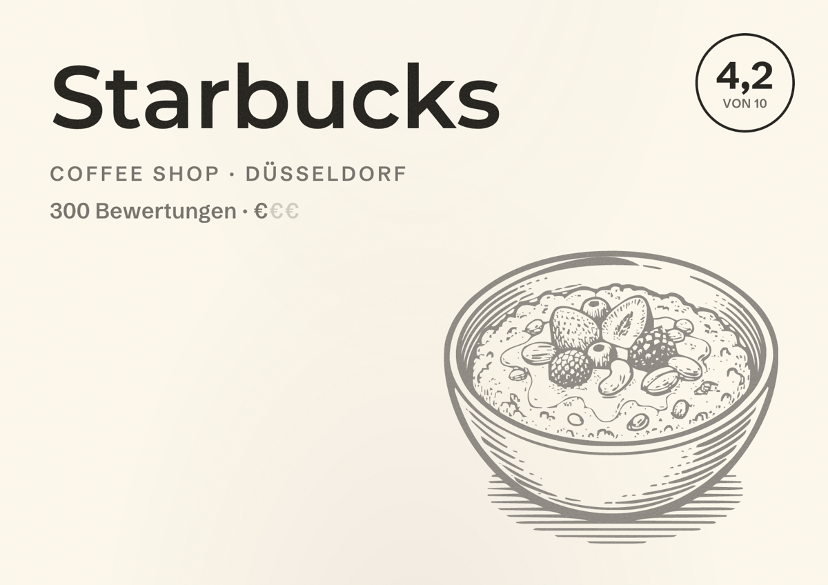 Illustriertes Poster von Starbucks, Coffee Shop in Düsseldorf: Bewertung 4,2 von 10 aus 300 Bewertungen, Preisniveau €
