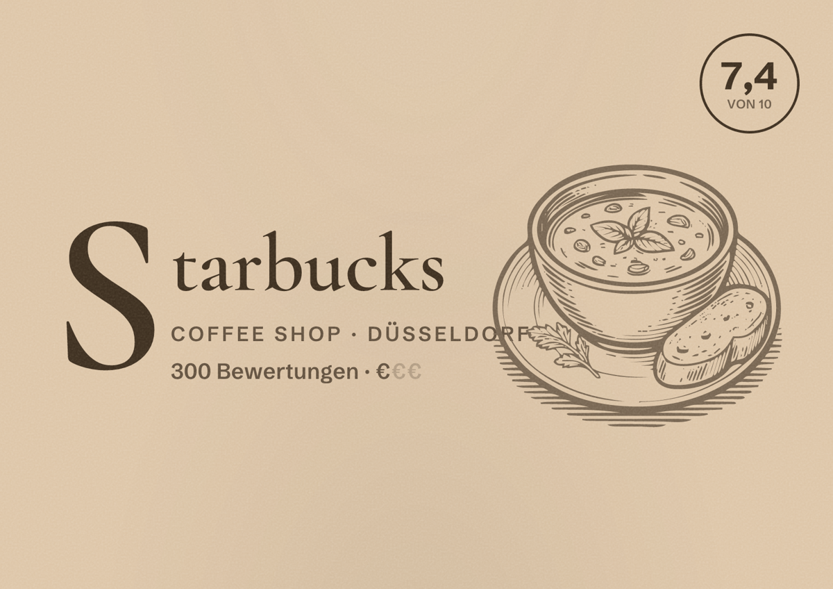 Illustriertes Poster von Starbucks, Coffee Shop in Düsseldorf: Bewertung 7,4 von 10 aus 300 Bewertungen, Preisniveau €