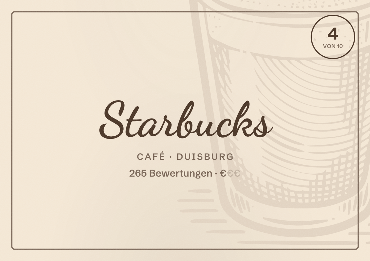 Illustriertes Poster von Starbucks, Café in Duisburg: Gästebewertung 4,1 von 10 aus 265 Bewertungen