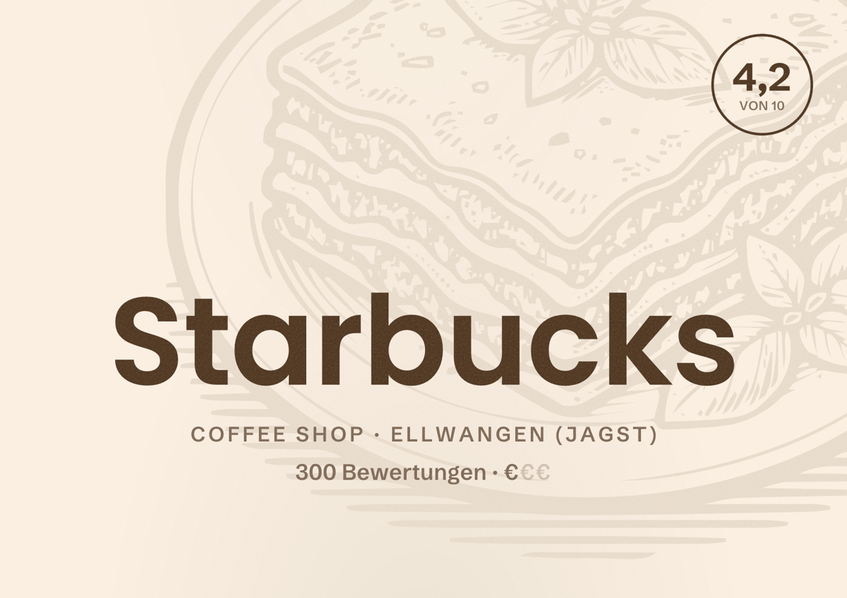 Illustriertes Poster von Starbucks, Coffee Shop in Ellwangen (Jagst): Bewertung 4,2 von 10 aus 300 Bewertungen, Preisniveau €