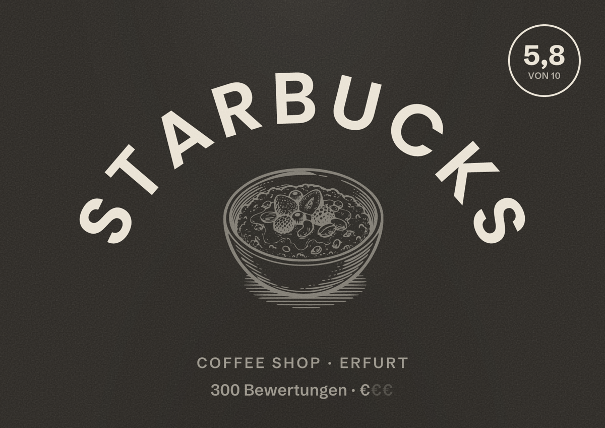 Illustriertes Poster von Starbucks, Coffee Shop in Erfurt: Bewertung 5,8 von 10 aus 300 Bewertungen, Preisniveau €
