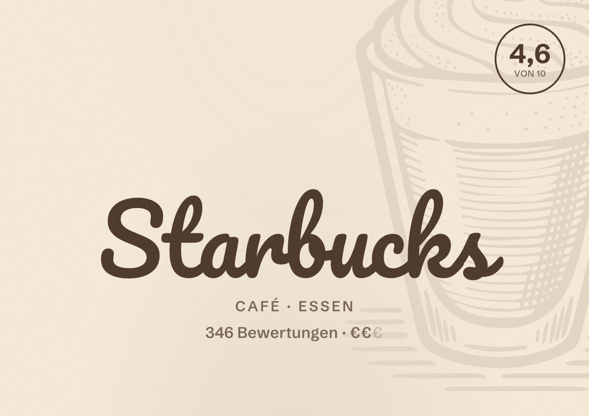 Illustriertes Poster von Starbucks, Café in Essen: Bewertung 4,6 von 10 aus 346 Bewertungen, Preisniveau €€