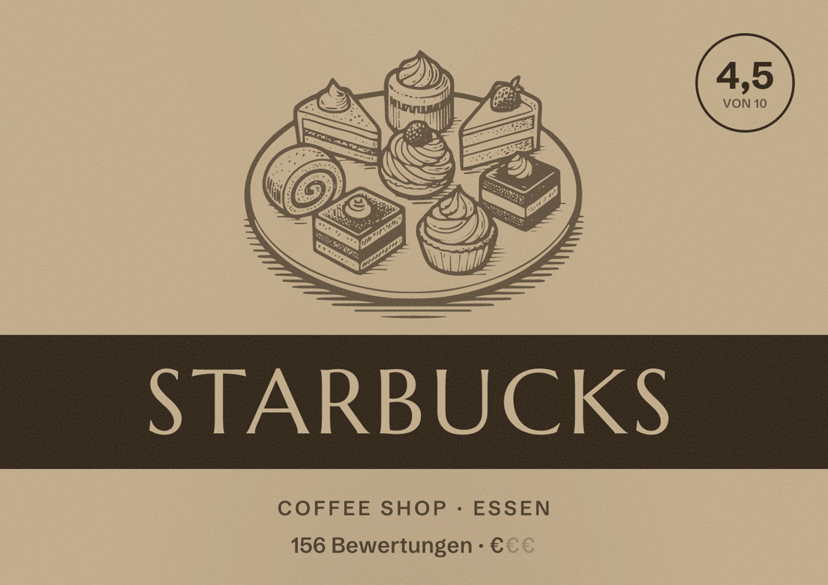 Illustriertes Poster von Starbucks, Coffee Shop in Essen: Bewertung 4,5 von 10 aus 156 Bewertungen, Preisniveau €