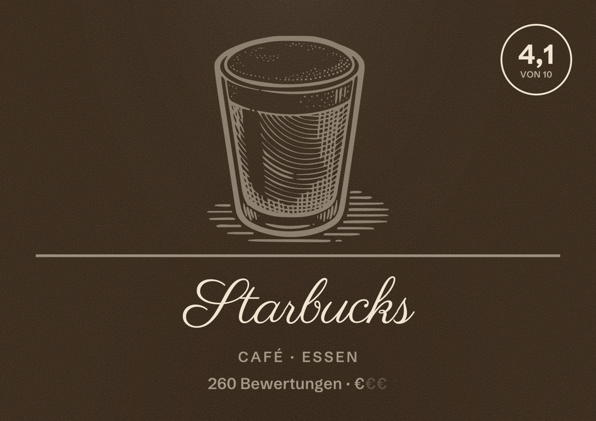 Illustriertes Poster von Starbucks, Café in Essen: Bewertung 4,1 von 10 aus 260 Bewertungen, Preisniveau €