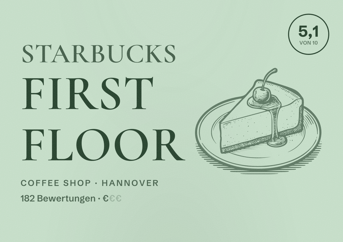 Illustriertes Poster von Starbucks First Floor, Coffee Shop in Hannover: Bewertung 5,1 von 10 aus 182 Bewertungen, Preisniveau €