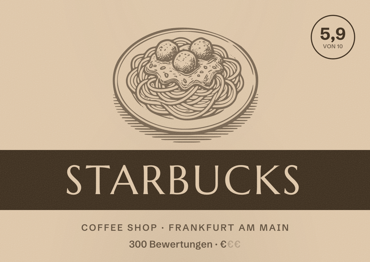 Illustriertes Poster von Starbucks, Coffee Shop in Frankfurt am Main: Bewertung 5,9 von 10 aus 300 Bewertungen, Preisniveau €