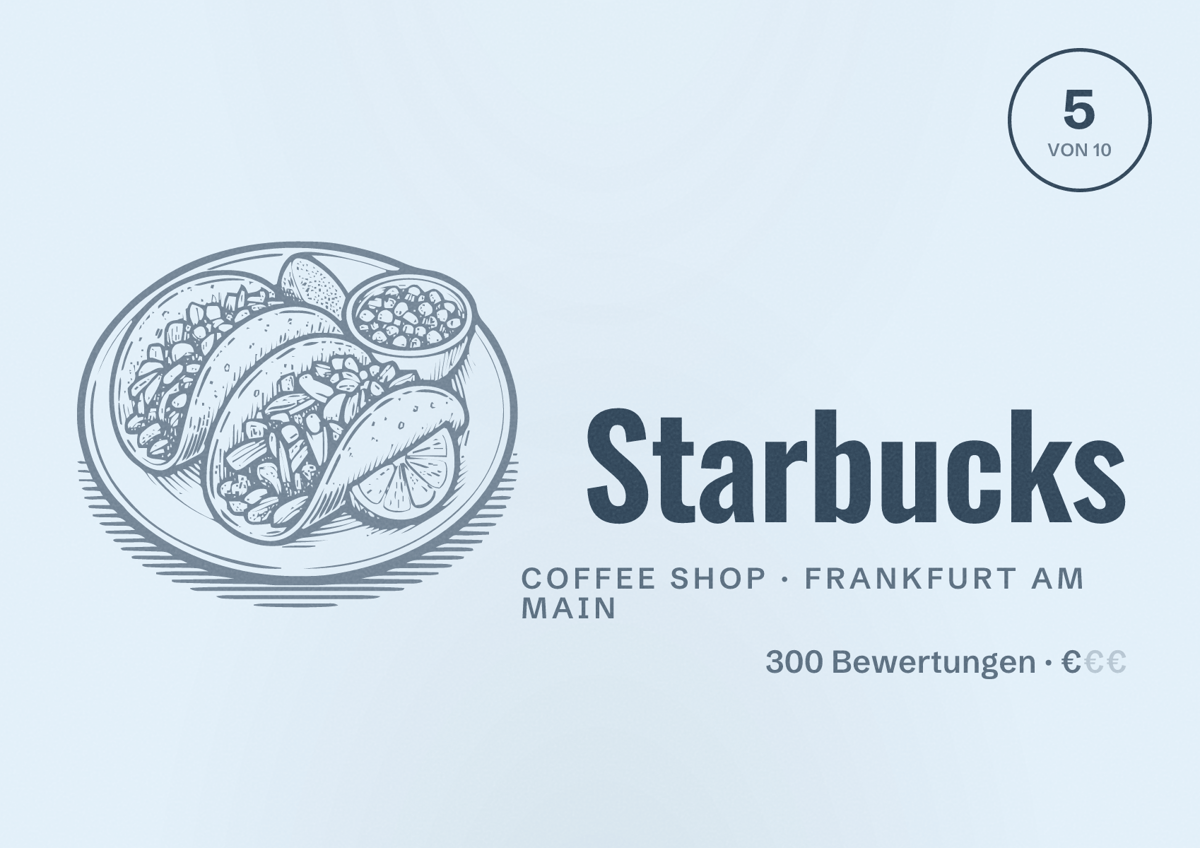 Illustriertes Poster von Starbucks, Coffee Shop in Frankfurt am Main: Bewertung 5,0 von 10 aus 300 Bewertungen, Preisniveau €