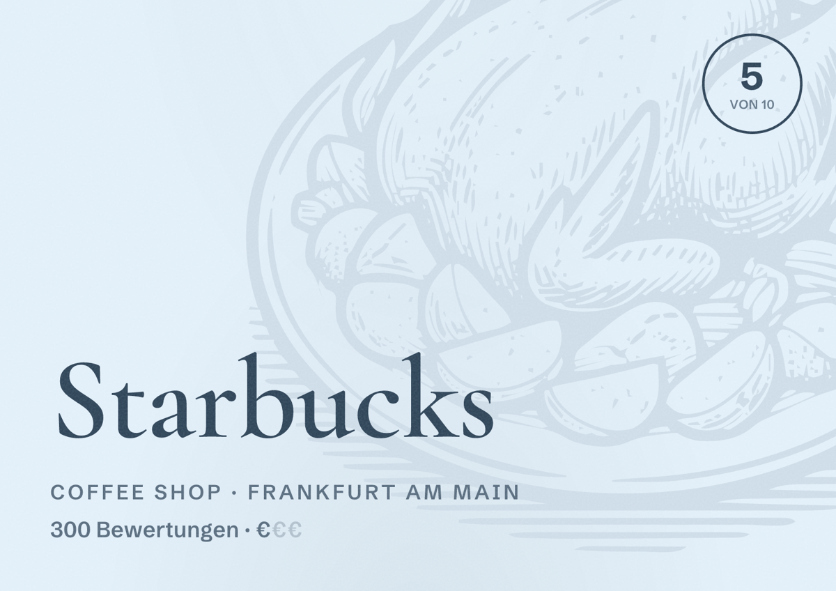 Illustriertes Poster von Starbucks, Coffee Shop in Frankfurt am Main: Bewertung 5,0 von 10 aus 300 Bewertungen, Preisniveau €