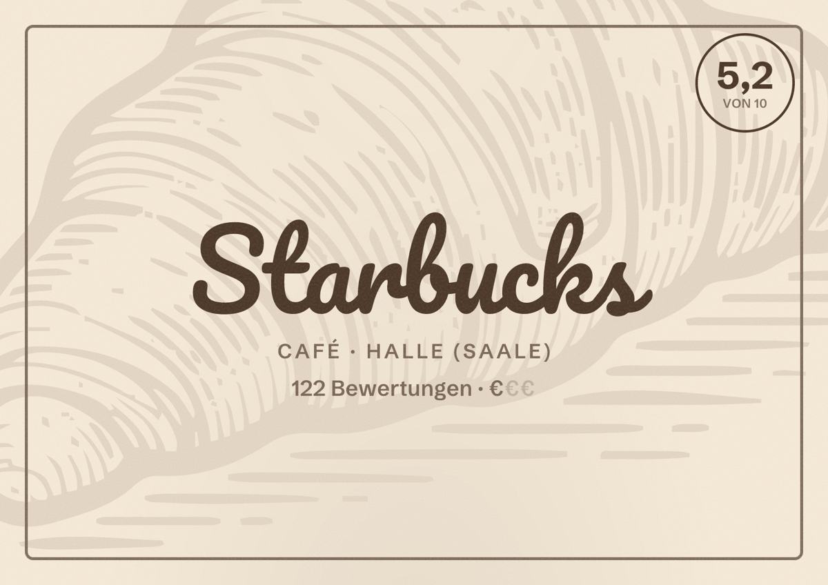 Illustriertes Poster von Starbucks, Café in Halle (Saale): Bewertung 5,2 von 10 aus 122 Bewertungen, Preisniveau €