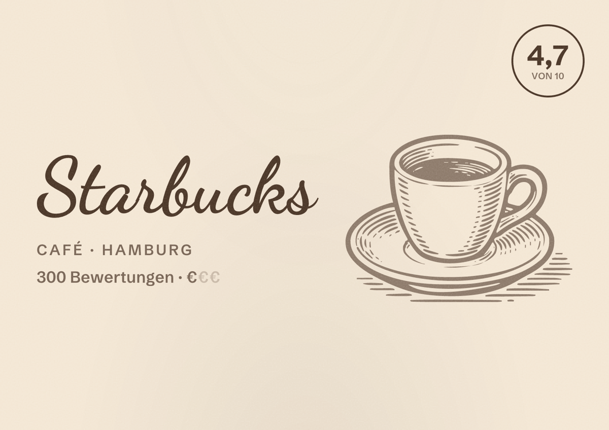 Illustriertes Poster von Starbucks, Café in Hamburg: Bewertung 4,7 von 10 aus 300 Bewertungen, Preisniveau €