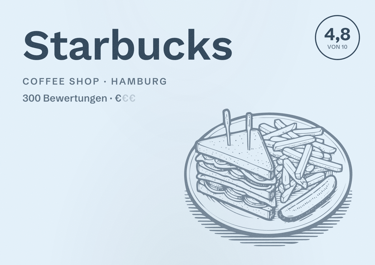 Illustriertes Poster von Starbucks, Coffee Shop in Hamburg: Bewertung 4,8 von 10 aus 300 Bewertungen, Preisniveau €
