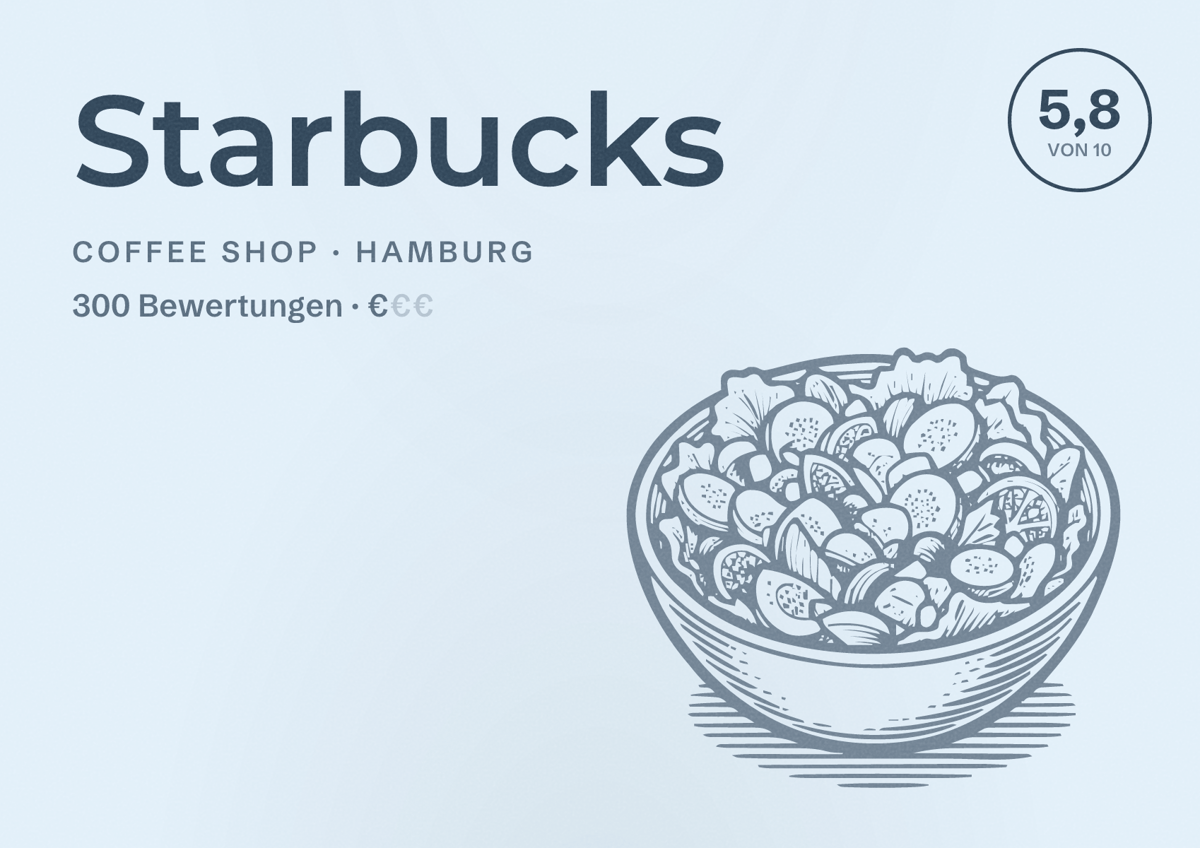 Illustriertes Poster von Starbucks, Coffee Shop in Hamburg: Bewertung 5,8 von 10 aus 300 Bewertungen, Preisniveau €