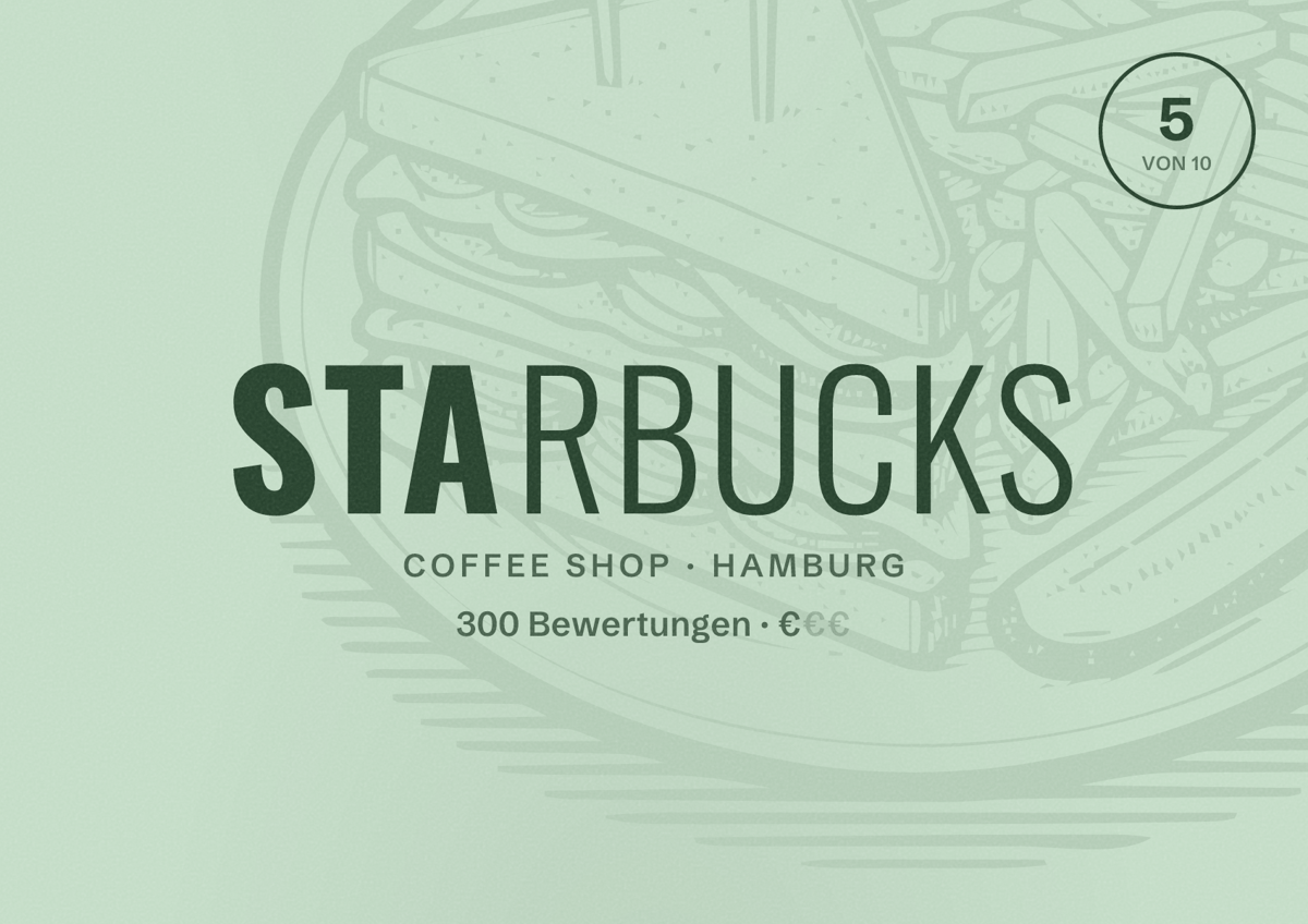 Illustriertes Poster von Starbucks, Coffee Shop in Hamburg: Bewertung 5,0 von 10 aus 300 Bewertungen, Preisniveau €