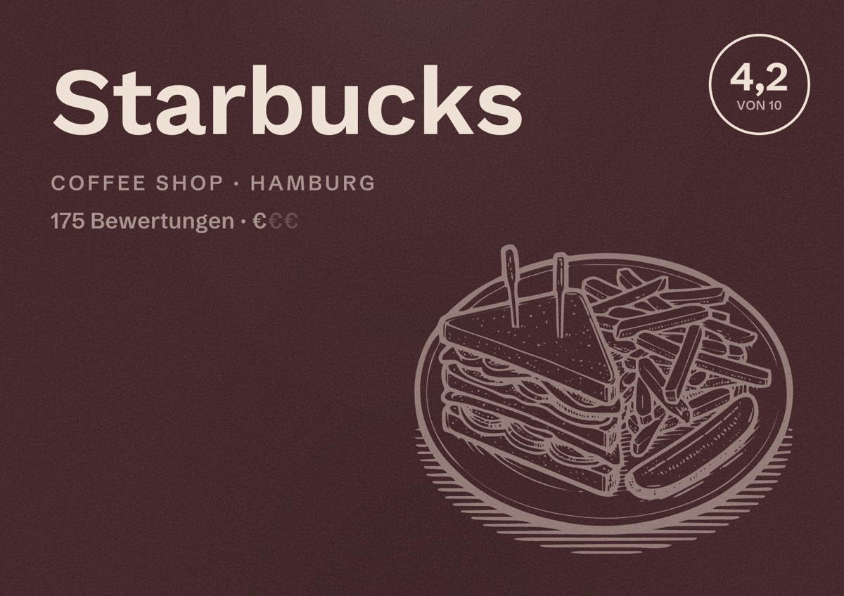 Illustriertes Poster von Starbucks, Coffee Shop in Hamburg: Bewertung 4,2 von 10 aus 175 Bewertungen, Preisniveau €