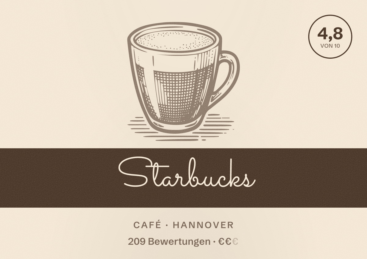 Illustriertes Poster von Starbucks, Café in Hannover: Bewertung 4,8 von 10 aus 209 Bewertungen, Preisniveau €€
