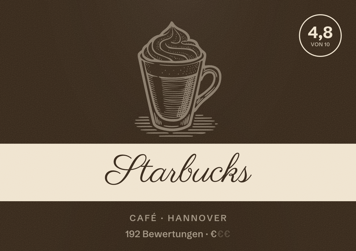 Illustriertes Poster von Starbucks, Café in Hannover: Bewertung 4,8 von 10 aus 192 Bewertungen, Preisniveau €