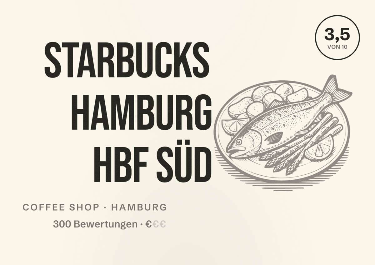 Illustriertes Poster von Starbucks Hamburg HBF Süd, Coffee Shop in Hamburg: Bewertung 3,5 von 10 aus 300 Bewertungen, Preisniveau €