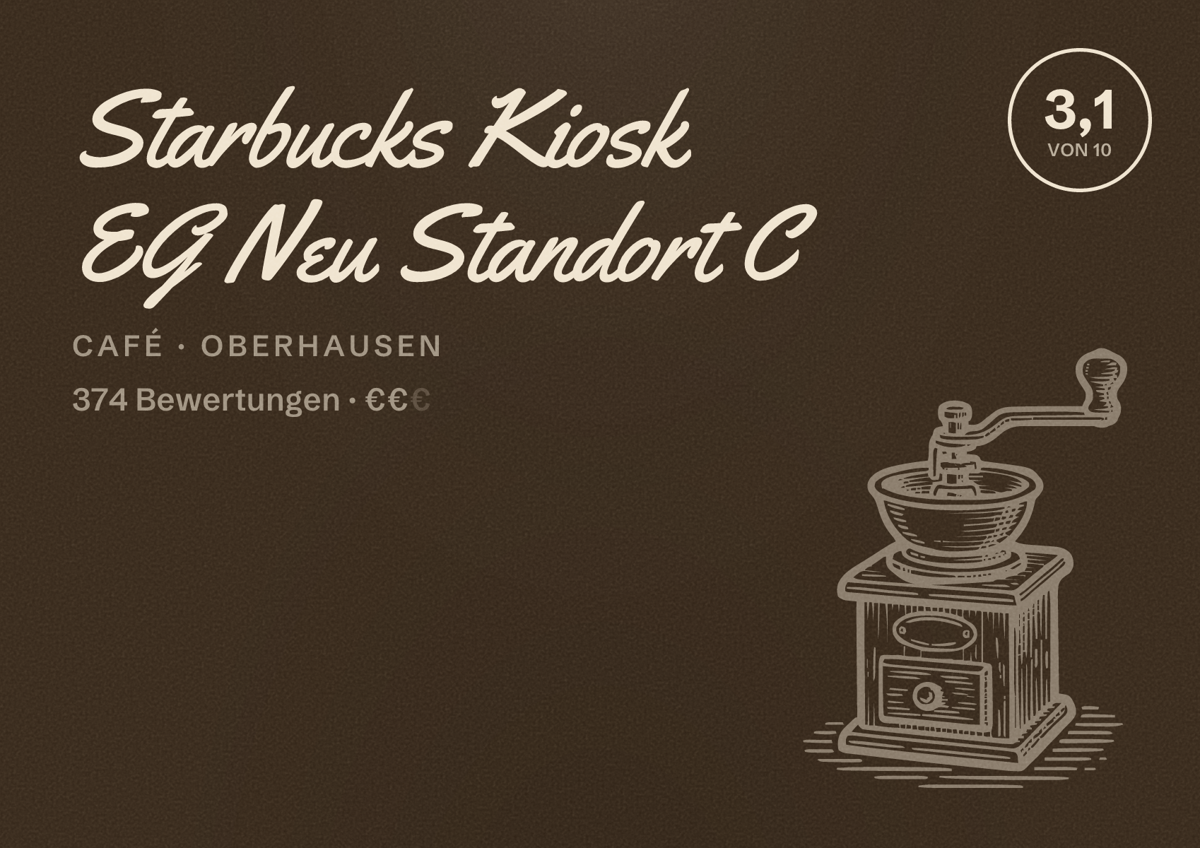 Illustriertes Poster von Starbucks Kiosk EG Neu Standort C, Café in Oberhausen: Bewertung 3,1 von 10 aus 374 Bewertungen, Preisniveau €€