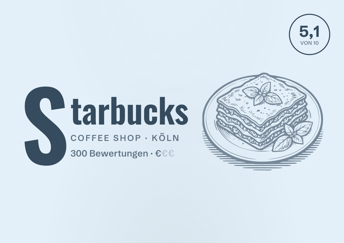 Illustriertes Poster von Starbucks, Coffee Shop in Köln: Bewertung 5,1 von 10 aus 300 Bewertungen, Preisniveau €
