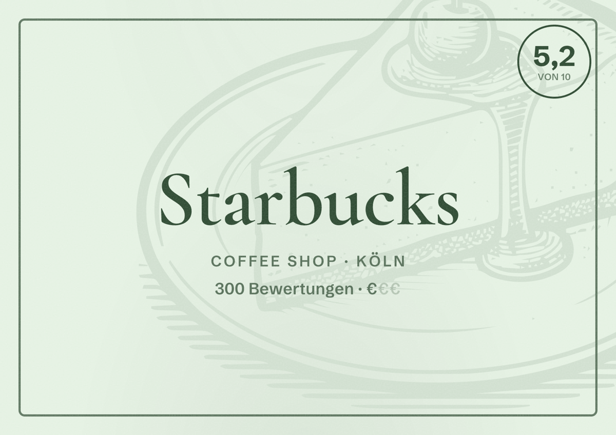 Illustriertes Poster von Starbucks, Coffee Shop in Köln: Bewertung 5,2 von 10 aus 300 Bewertungen, Preisniveau €