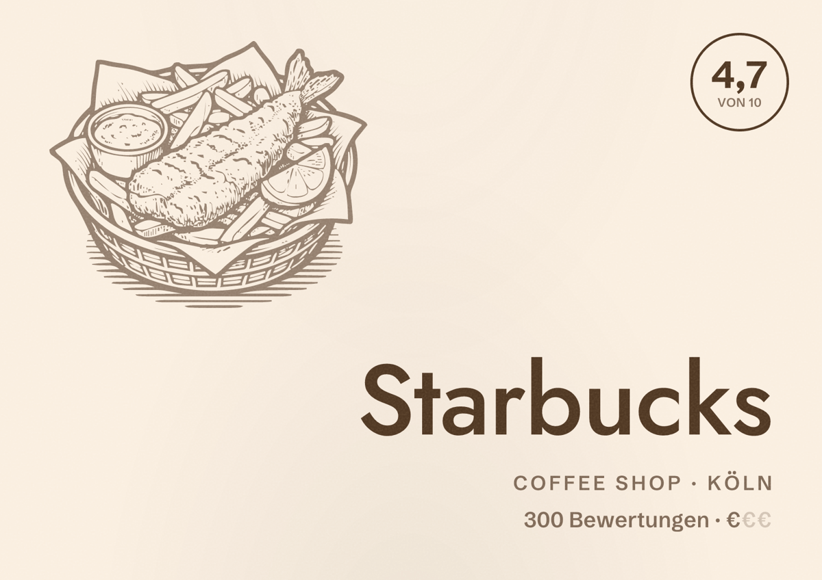 Illustriertes Poster von Starbucks, Coffee Shop in Köln: Bewertung 4,7 von 10 aus 300 Bewertungen, Preisniveau €